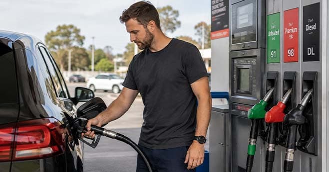 Driver refuelling a car at a petrol station in Australia