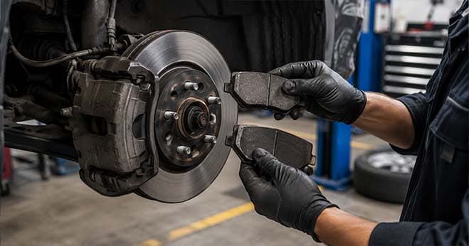 Qualified automotive technician servicing a diesel vehicle engine during routine maintenance in a professional garage.
