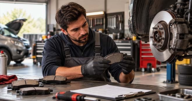 Automotive technician inspecting a brake pad beside a vehicle brake disc in a workshop